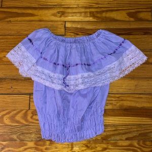 Lavender peasant top cropped lace trim handmade ribbon bow smocking retro S/M